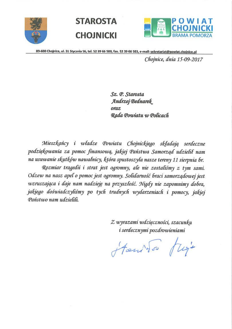 Podziękowania Powiatu Chojnickiego