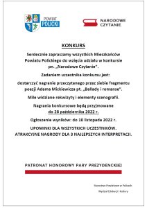 Przedłużenie terminu przyjmowania zgłoszeń do konkursu pn. "Narodowe Czytanie"