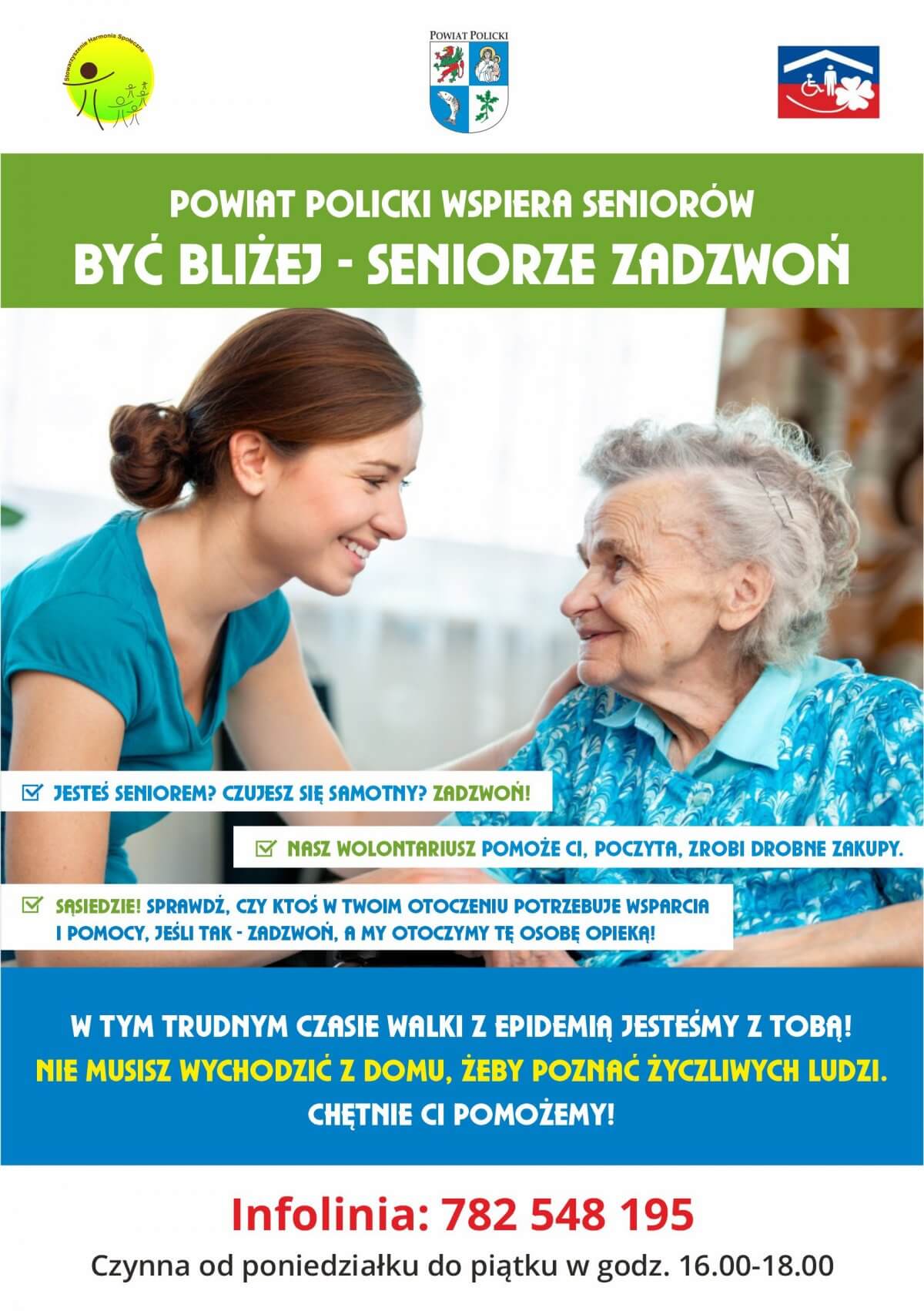 Obraz plakatu projektu "Być bliżej - Seniorze zadzwoń" z numerem infolinii 782 548 195