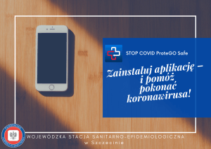 Plakat dotyczący STOP COVID ProteGO SAFEZainstaluj aplikację i pomóż pokonać koronawirusa