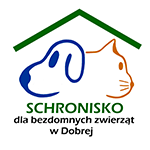 Logo-zarys z lewej strony głowy psa a z prawej kota. Na dole napis Schronisko dla Bezdomnych Zwierząt w Dobrej.