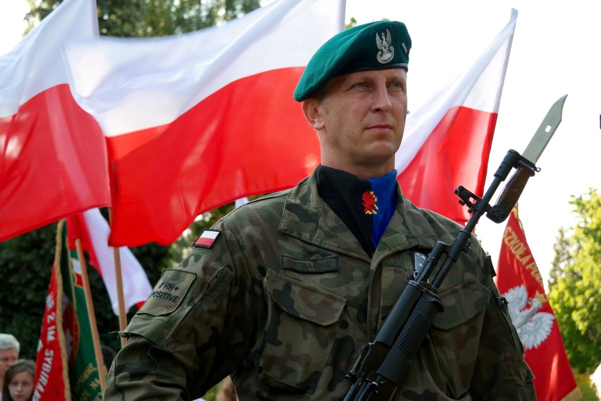 Żołnierz Polski w tle biało-czerwone flagi.