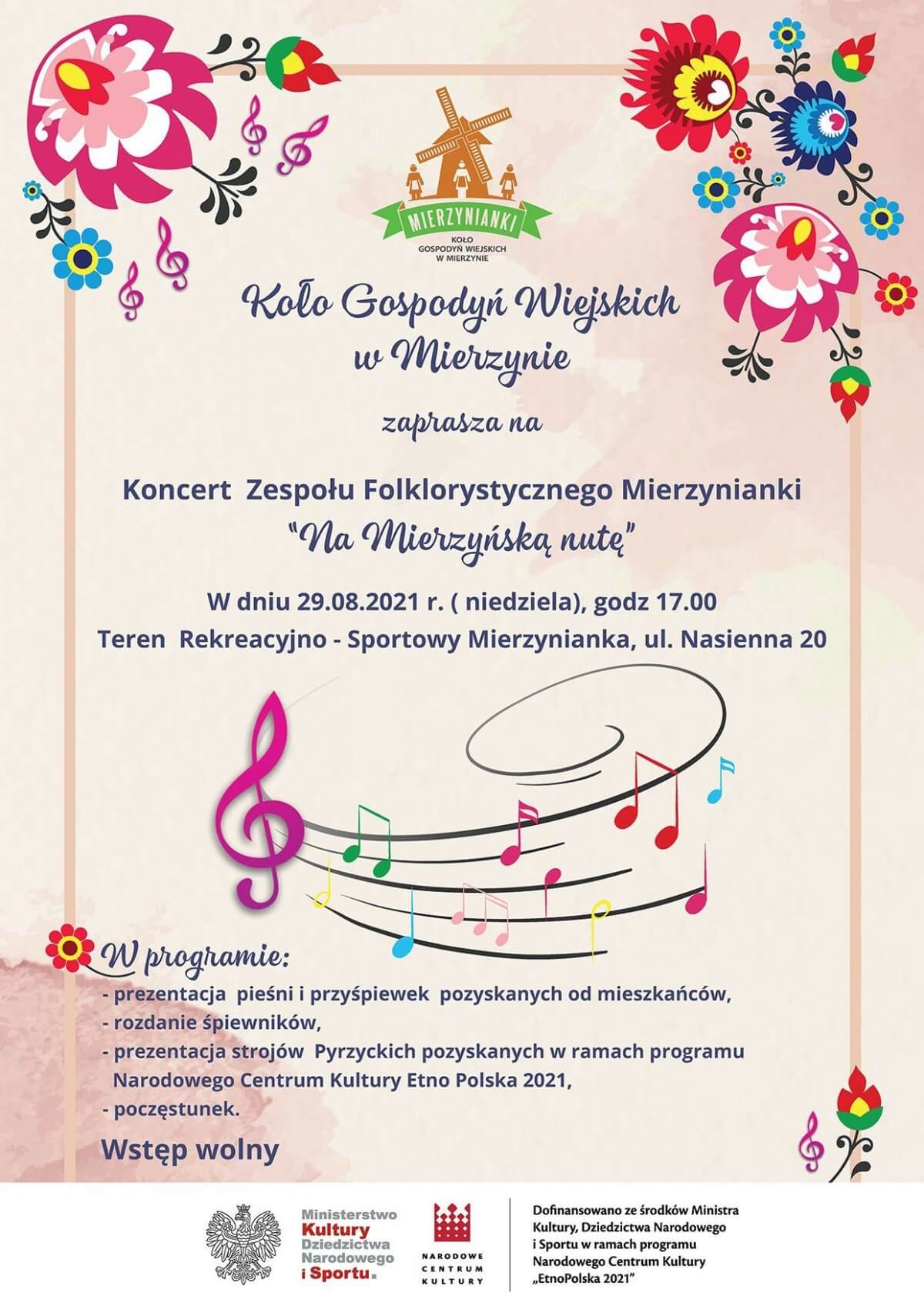 Plakat informacyjny koncertu Zespołu Folklorystycznego Mierzynianki pt. Na Mierzyńską nutę