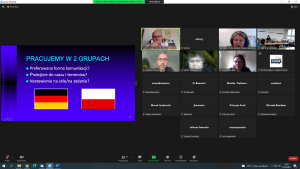 Zrzut z ekranu panelu dyskusyjnego podczas szkolenia online.W tle widać ikonki uczestników szkolenia oraz flagę Polski i Niemiec.