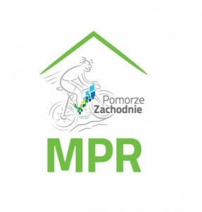 Logo akcji szkic człowieka na rowerze napis Pomorze Zachodnie MPR