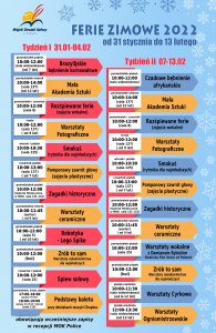 Plakat informujący o wydarzeniach, które odbędą się w Miejskich Ośrodku Kultury w Policach podczas ferii zimowych dla dzieci i młodzieży. W kolorowych prostokątach, wyszczególniono każdą przygotowaną ofertę