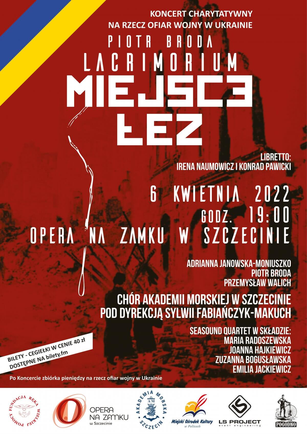 Czerwone tło białe napisywskazujące miejsce i godzinę wydarzenia i artystów występujących podczas koncertu.Z lewej górnej strony grafiki niebiesko-żółta (barwy flagi Ukrainy).