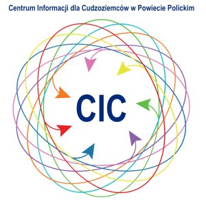 Logo ze strzałkami w różnych kolorach które układają się w koło, w środku widnieje skrót od Centrum Informacji dla Cudzoziemców (CIC)