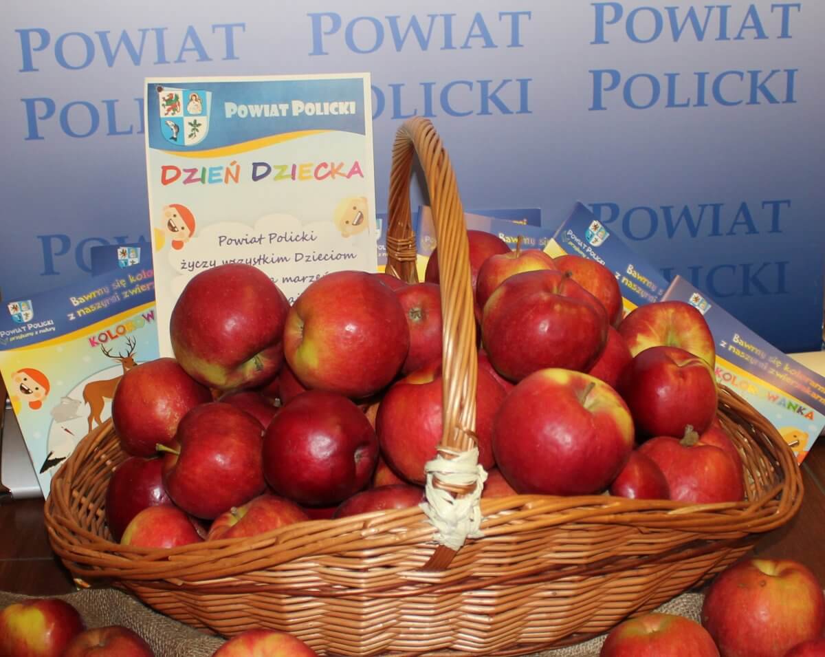 Wiklinowy kosz z jabłkami z kartką z życzeniami od Pwoiatu Polickiego z okazji Dnia Dziecka