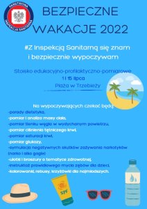 Plakat promujący akcję Bezpieczne Wakacje 2022, na niebieskim tle informacje o planowanych terminach na Plaży w Trzebieży
