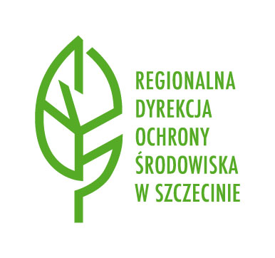 Zielony kontur liścia z napisem z prawej strony Regionalna Dyrekcja Ochrony Środowiska w Szczecinie na białym tle.