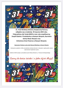 Promujący plakat z kolorowym tłem oraz liczbą 31 oznaczającą 31. finał WOŚP wraz z podstawowymi informacjami o wydarzeniu