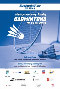 plakat turnieju badmintona "Babolat Cup" w centralnym miejscu plakatu znajduje się paletka wraz z lotką do gry w badmintona