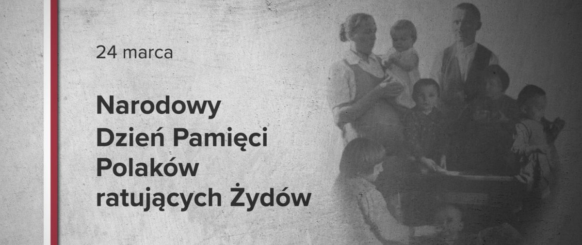 Narodowy Dzień Pamięci Polaków ratujących Żydów - szare tło po lewo znajdują się biało-czerwone barwy oraz zdjęcie rodziny