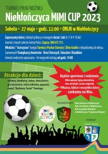 plakat turnieju piłki nożnej, który odbędzie się w Niekłończycy, na plakacie widoczne są podstawowe informacje o wydarzeniu, piłka do nogi, herb powiatu polickiego