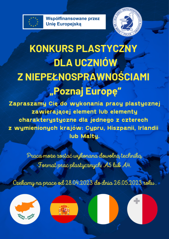Plakat konkursu plastycznego w granatowych barwach zawierający informacje o konkursie zamieszczone w artykule, na dole plakatu umieszczone są flagi krajów, do których ma nawiązywać praca