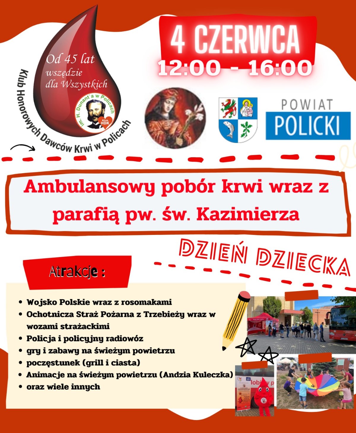 Plakat ogłaszający Ambulansowy pobór krwi wraz z parafią św. Kazimierza w Policach z informacją o odbywających się atrakcjach oraz dacie wydarzenia.