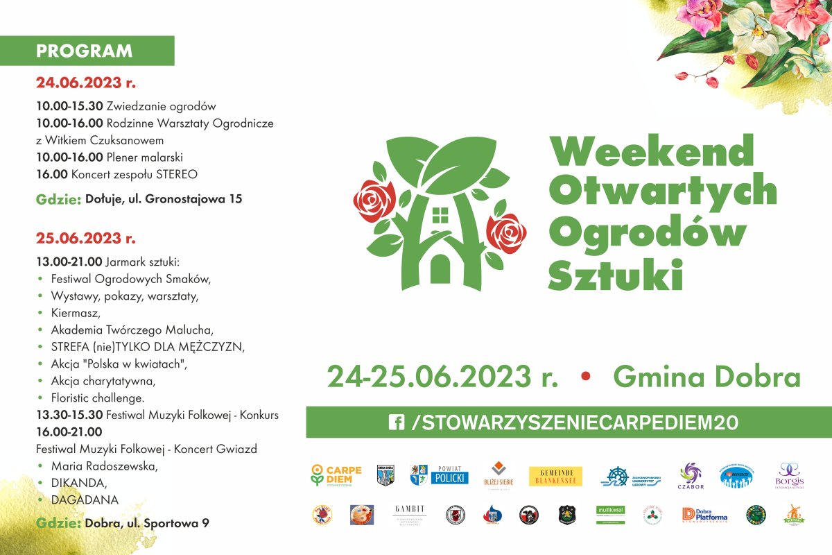 weekend otwartych ogrodów logo z kwiatami i planem na organizowane wydarzenie na białym tle, przeważa kolor biały i zielony