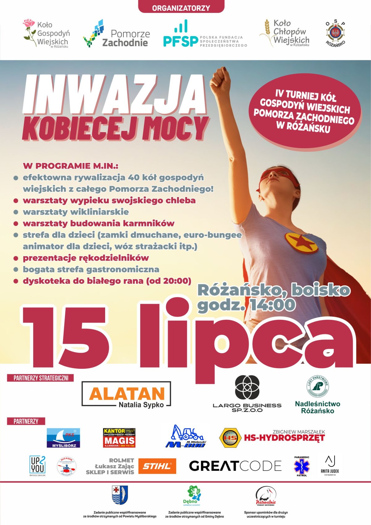 Plakat Inwazja Kobiecej Mocy z opisem programu oraz datą wydarzenia, na plakacie widoczna jest kobieta w czerwonej pelerynie z gwiazdą na piersi ukazana jako postać superbohatera