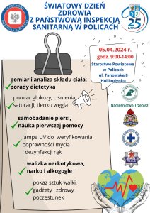 Plakat Światowego Dnia Zdrowia z Powiatową Inspekcją Sanitarną w Policach