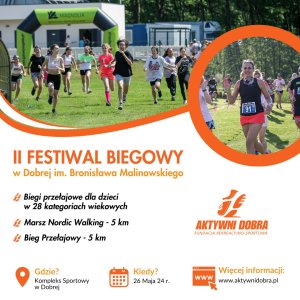 plakat festiwalu biegowego i nordic walking w dobrej