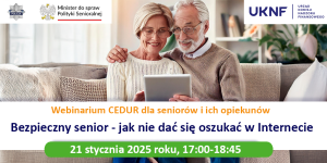 Plakat promujący webinarium odnośnie bezpiecznego seniora w sieci