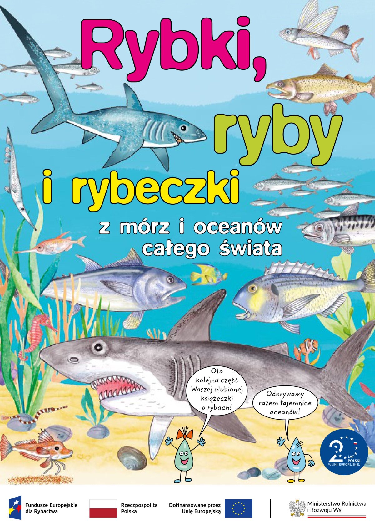 Plakat książki pt. „Rybki, Ryby i Rybeczki z morza, jeziora, stawu, rzeczki”.