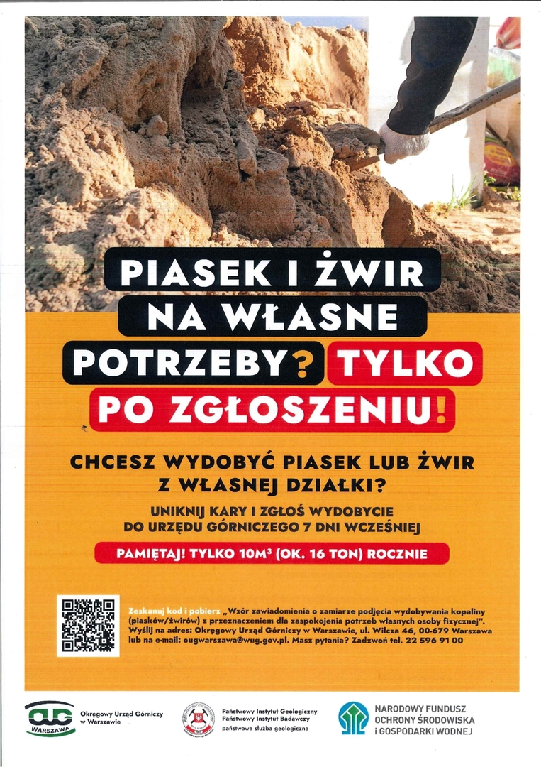 Plakat informujący, że piasek i żwir na własne potrzeby można wydobywać tylko po zgłoszeniu